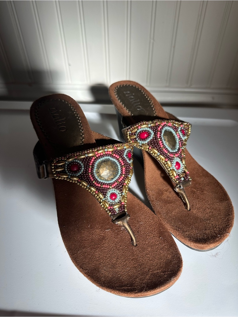 Rialto Brown Suede Thong Sandals with Pink and Turquoise Beading
